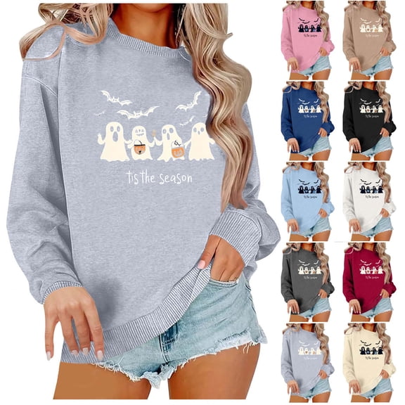 MYAOYI Womens Halloween Sweatshirt Tis The Season Ghost Graphic Pullover