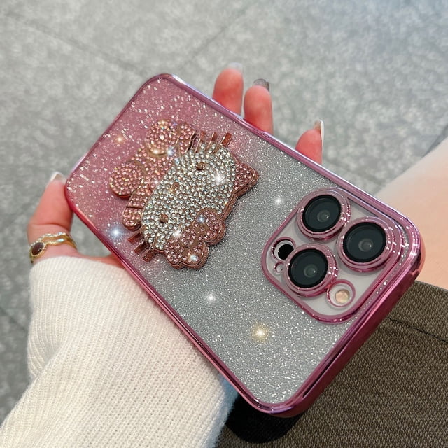 Funda de teléfono con incrustaciones de diamantes galvanizados en polvo Flash hello kitty para iphone Xr Xs 11 12 13 14 15 Pro Max 7 8 plus