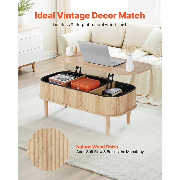 Roomfitters Mid-Century Coffee Table, Wooden Oval Fluted Center Table With Charging Station And Sliding Tambour Doors, Natural - Bed Bath & Beyond - 43530362-517580