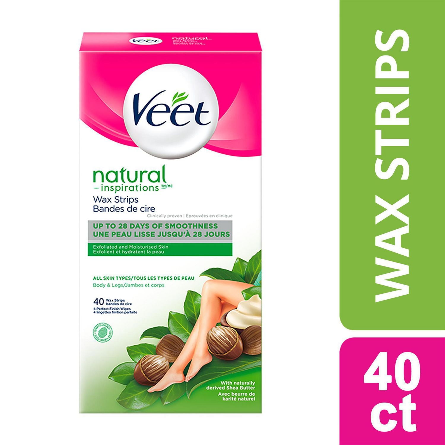Veet® Natural Inspirations™ Bandes de Cire pour Jambes et Corps, Tous Types de Peau, 40 unités