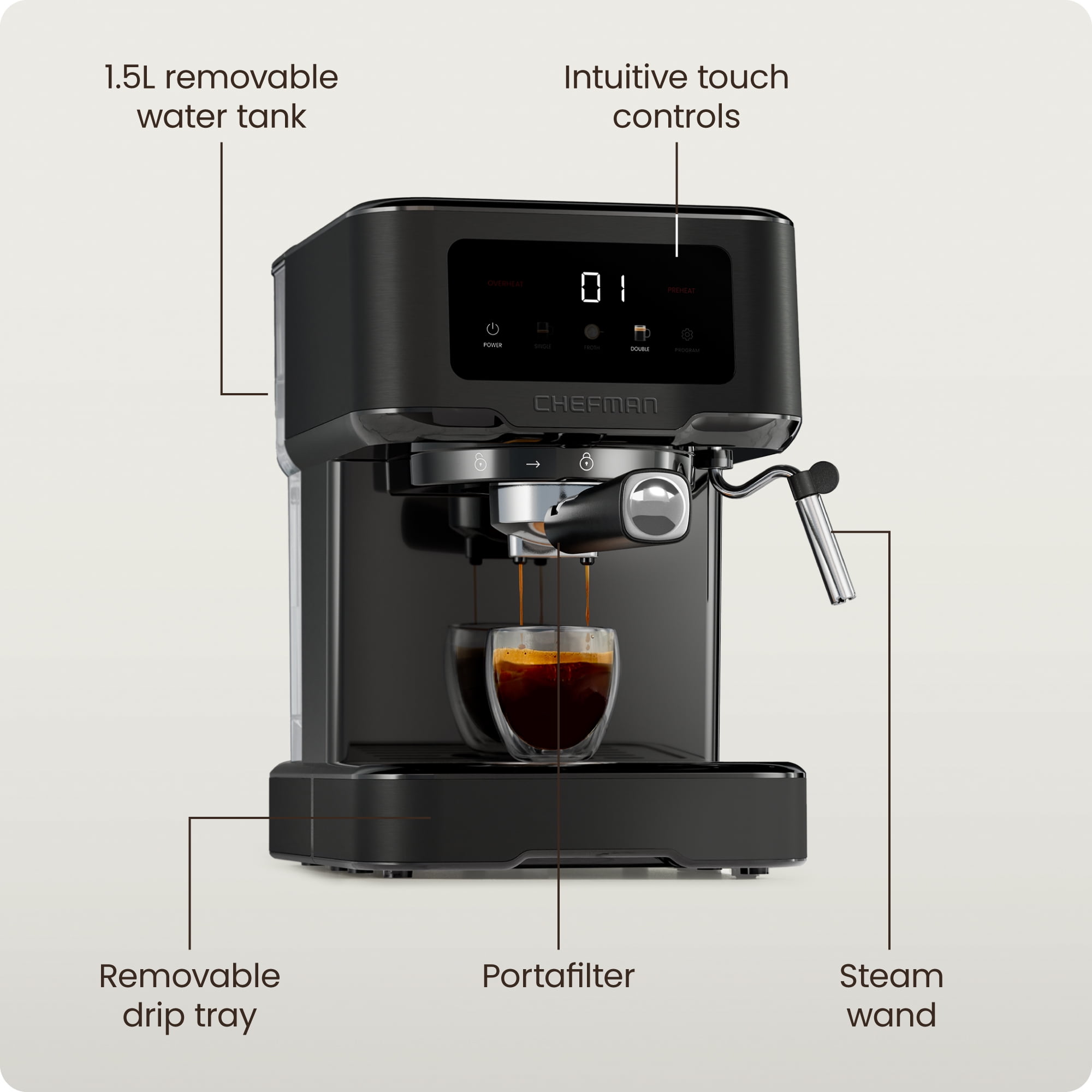 Chefman CraftBrew Espresso Machine w/ Steam Wand and Touch Controls – Black