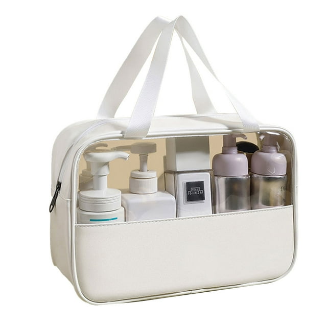 Bolsa de cosméticos transparente con costura grande, bolsa de cosméticos de baño de PVC, PU, impermeable, gran capacidad, blanca