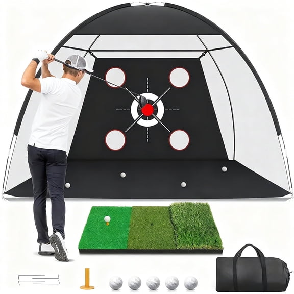 OUTGOO Golf Net with Practice Mat,Golf Hitting Aid Nets 10x7FT for Backyard Driving Chipping Training Swing with Target Mat Balls for Outdoor Indoor，Gifts for Men Dad Him and Golfer