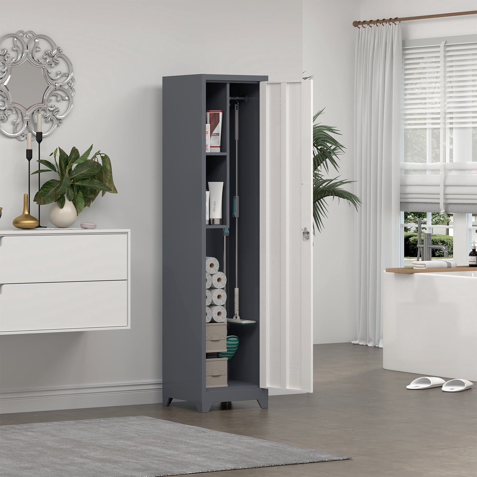 Metal Broom Storage Cabinet, Narrow Cabinet with Hooks, 65" Slim Bathroom Storage Cabinet with Shelves, Heavy-Duty Cleaning Storage Cabinet for Utility Room, Gym, Office, Garage