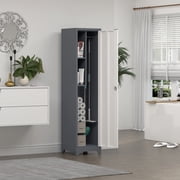 Metal Broom Storage Cabinet, Narrow Cabinet with Hooks, 65 Slim Bathroom Storage Cabinet with Shelves, Heavy-Duty Cleaning Storage Cabinet for Utility Room, Gym, Office, Garage
