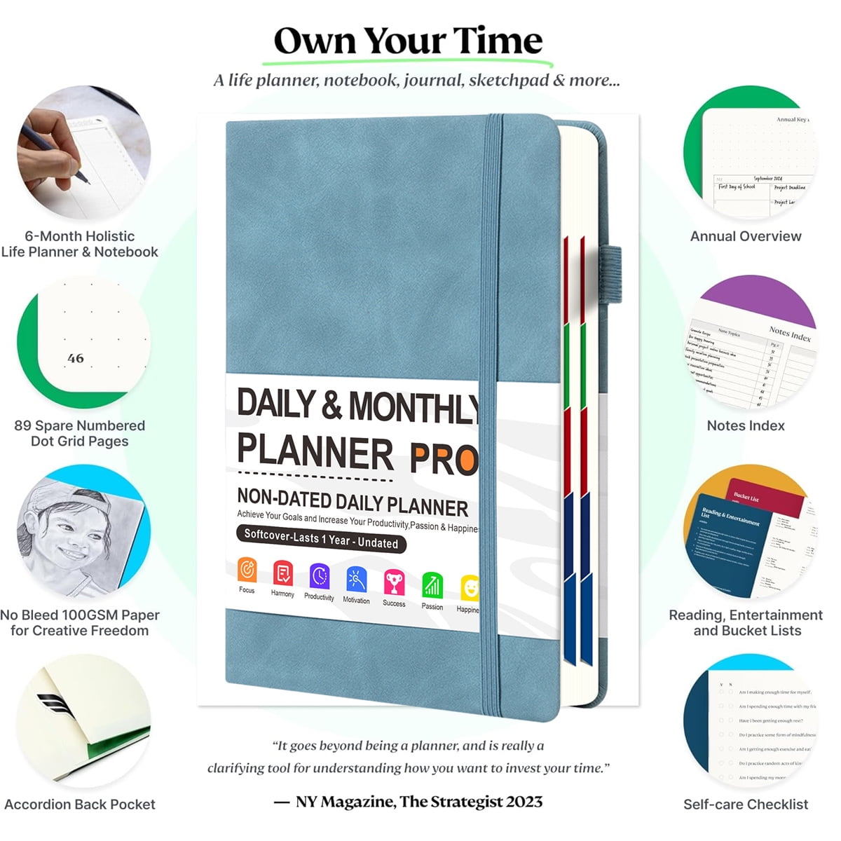 Dly Weekly and Monthly Productivity Goal Setting Tool for Work Home ADHD Planner for Adults Self Care Journal-Light blue