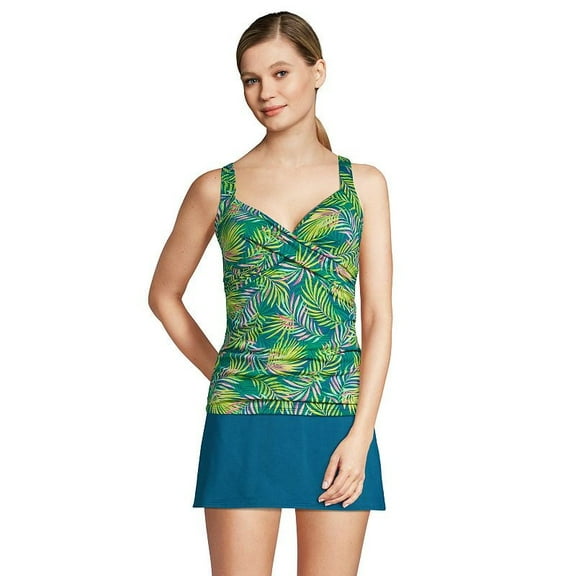 Lands' End Womens Chlorine Resistant Underwire Wrap Tankini Top Baltic Teal Multi Palm Regular 2