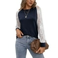thumbnail image 4 of Blusa de encaje Mujer Mujer Manga larga Cuello redondo Casual Camiseta holgada Manga de encaje Top Azul marino M, 4 of 8