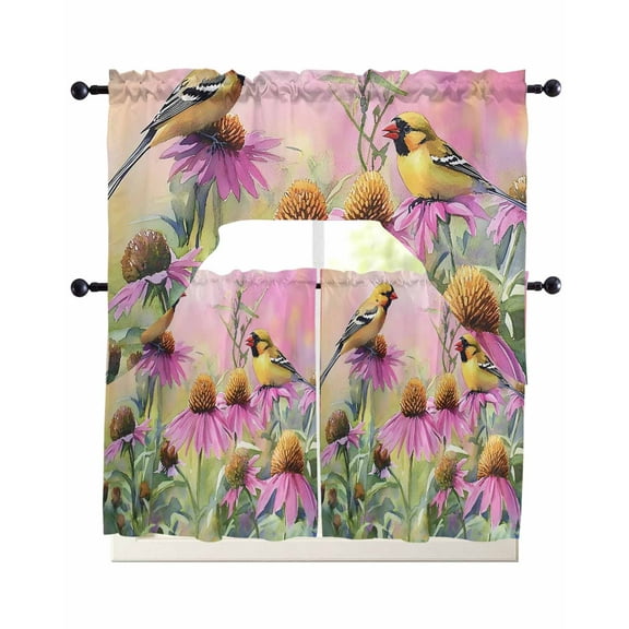 Red Floral Birds Kitchen Curtains Swag Valance and Tier Curtains Set 24 Inch Length, Spring Flowers Pink Ombre Rod Pocket Drape Panels Pair Swag Curtain for Bathroom/Cafe/Window