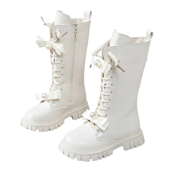 Owordtank Girls White Lace Up Riding Boots Mid Calf Combat Boots Waterproof PU Leather Side Zipper Goth Boots for Kids