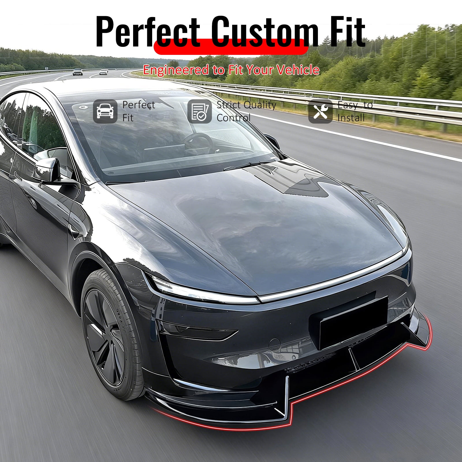 Ikon Motorsports 3PCS Front Lower Bumper Lip Air Dam Chin Spoiler Splitter For 2026 Tesla Model Y Juniper Premium IKON Style Matte Black ABS Plastic