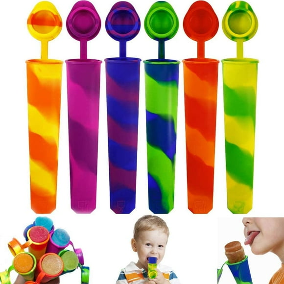 Ice Pop Molds Set with Attached Lids,Reusable DIY Silicone Colored Rainbow Swirl Popsicle Moulds,Convenient Storage of Kid's Snacks(6 Pcs)
