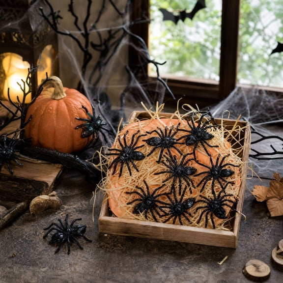 10Pcs Halloween Fake Spiders Decorations, Black Mini Plastic Spider Props for Haunted House, Halloween Party Prank Decor