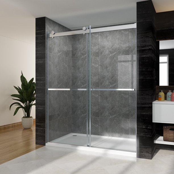 SUNNY SHOWER Double Sliding Frameless Shower Door, 60” W X 76” H