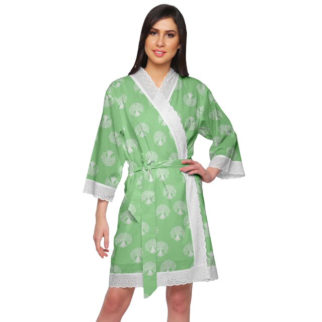 Moomaya Cotton Printed Robe For Women Kimono Getting Ready Bridesmaid Lace Robes