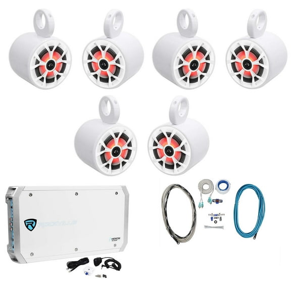 6) Rockville RKL65MBW 6.5" 700w Marine Wakeboard LED Speakers Amplifier Amp Kit