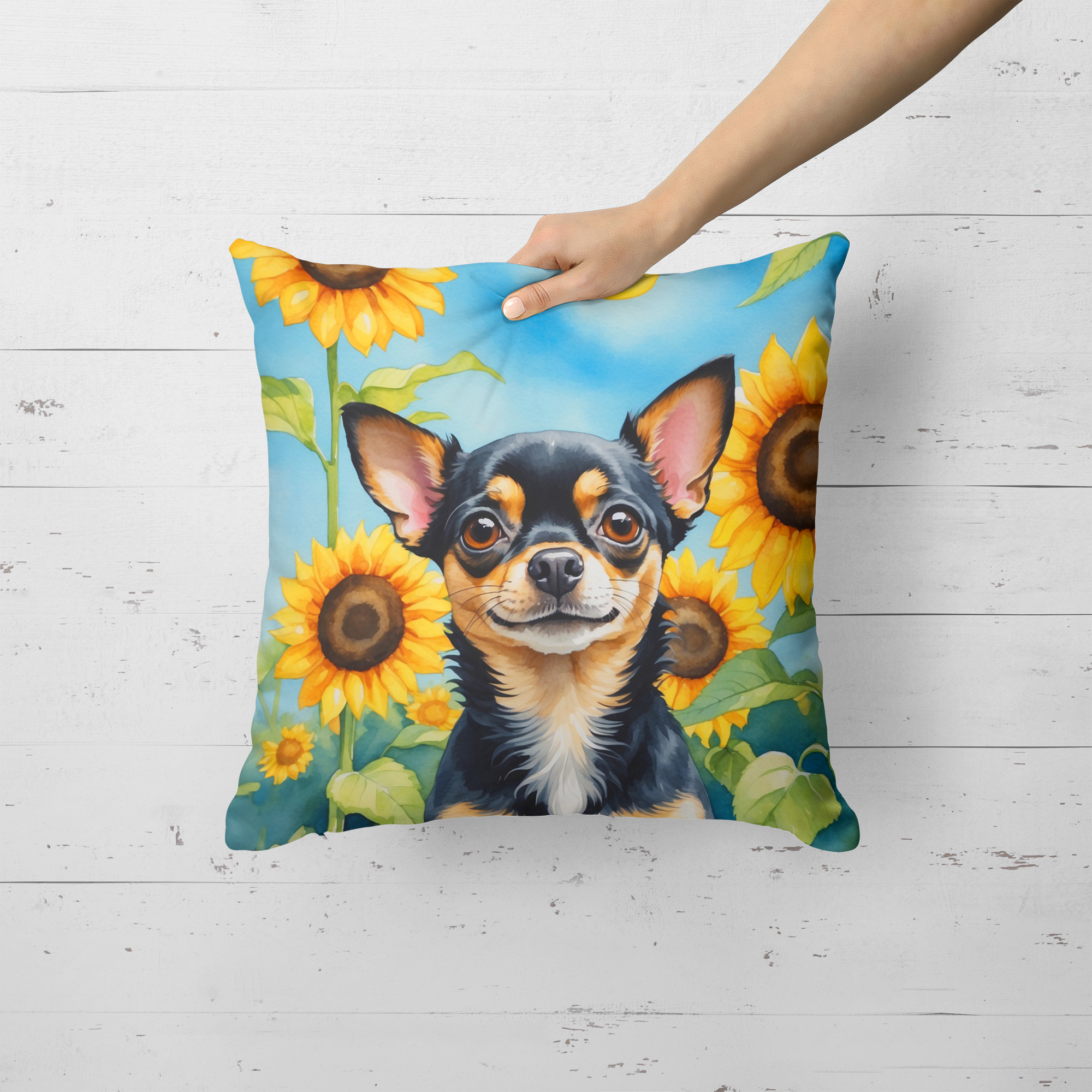 Chihuahua in Sunflowers Throw Pillow 18 in x 18 in