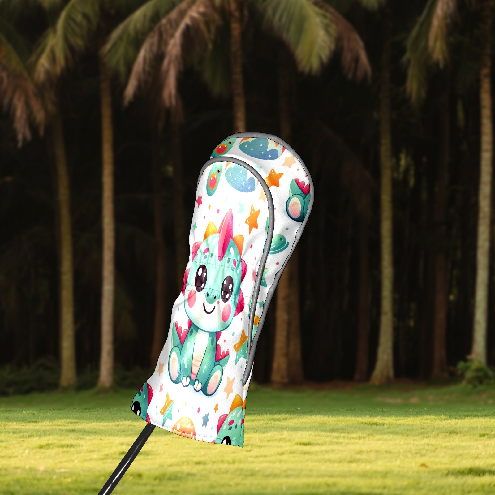 Golf Club Covers, Rainbow Cartoon Dinos Premium PU Leather Driver Hybrid Putter Head Covers with Velvet Lining, Waterproof Golf Gifts for Men Women