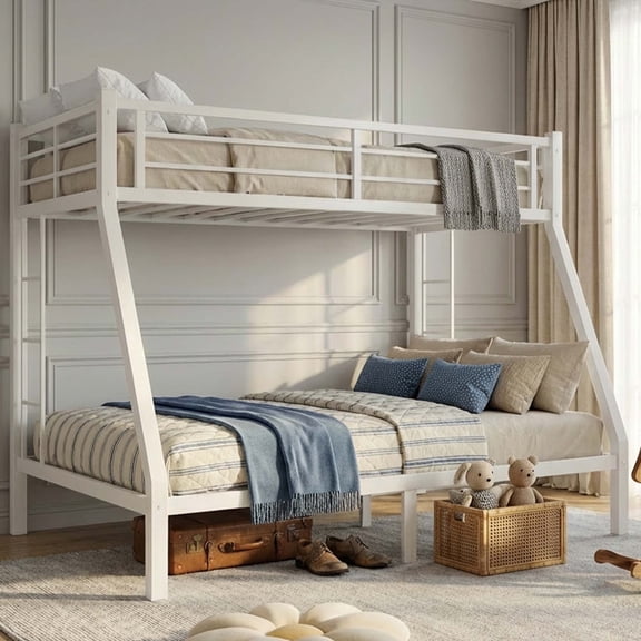 Miniyam Twin Over Full Metal Bunk Bed Frame with Ladder and Guardrails, White