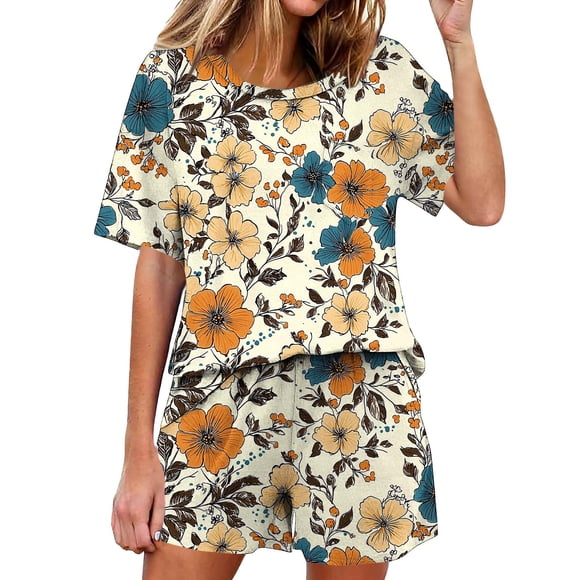 Women's Pajama Sets for Women Short Sleeve Round Neck Pajama Top with Pants Loungewear Set