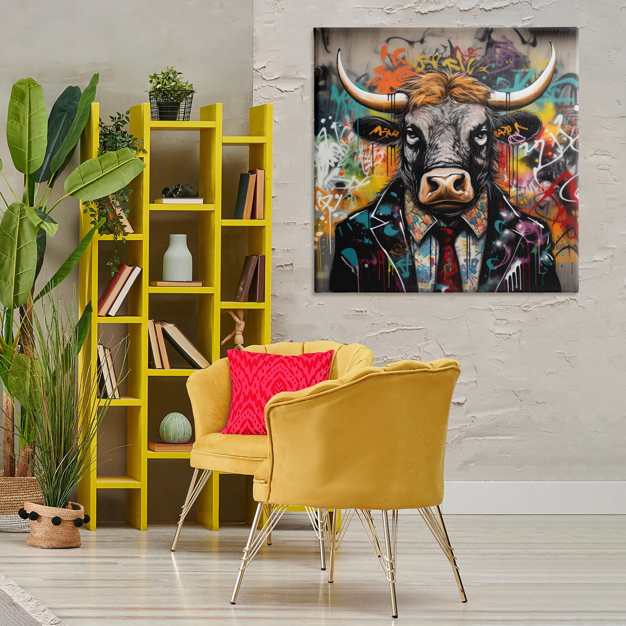 Stupell Industries Urban Graffiti Bull Animals & Insects Painting Gallery Wrapped Canvas Art Print Wall Art, 36 x 36