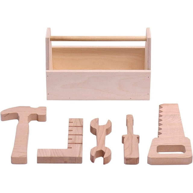 Tool Box Toy Play Set, 6 Piece Wooden Toy Kid's Tool