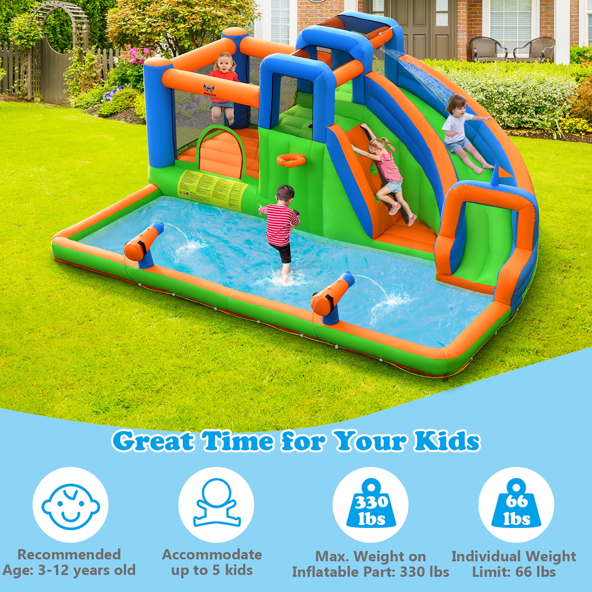 Gymax Inflatable Water Slide Giant Bounce Castle w/ Dual Climbing Walls & 735W Blower