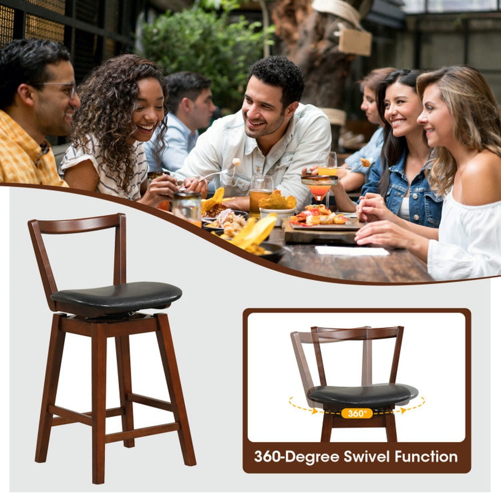 Demi Bonn 26" Swivel Upholstered PU Leather Bar Stool with Backrest and Cushioned Seat, Modern Kitchen Dining Chair, Brown