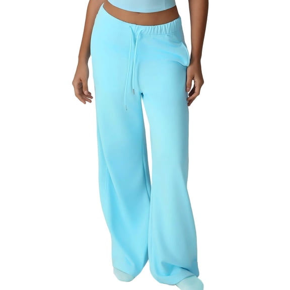 IVEYRTF Womens Elastic Waistband Casual Home Pants with Pockets Straight Leg Wide Leg All Season Comfortable Wear Soft Stretch Fabric Trousers for Home Yoga(Light Blue,M)