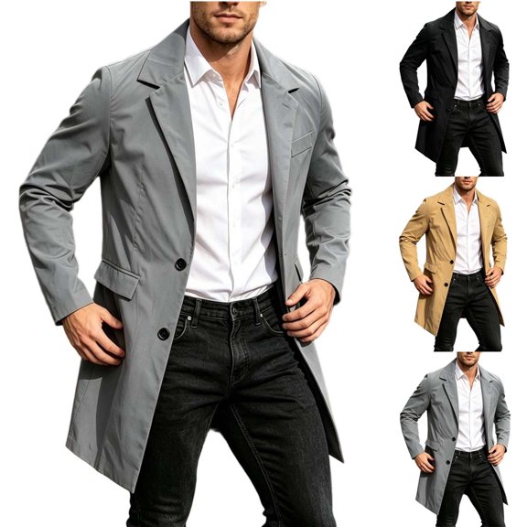 FRSASU Men's Trench Coat Slim Fit Single Breasted Long Windbreaker Jacket Classic Lapel Casual Overcoat with Side Pockets Khaki