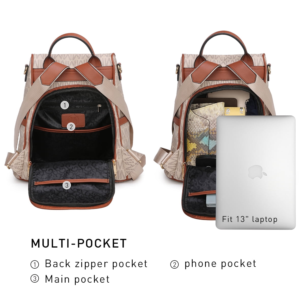 MKP COLLECTION Women's Lightweight Multi Zipper Pocket Signature Anti-Theft  Shoulder Backpack Wristlet Wallet Set (Black) : : Fashion