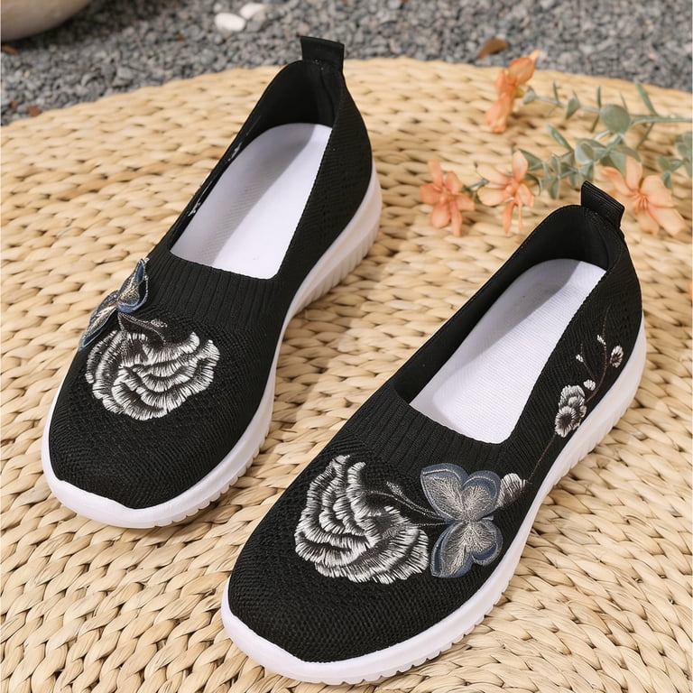 IEMIEMIEM Womens Orthopedic Shoes Arch Support Flower Embroidered Slip on Non Slip Running Shoes Wide Knitted Mesh Stretch Work Shoes Soft 2026 