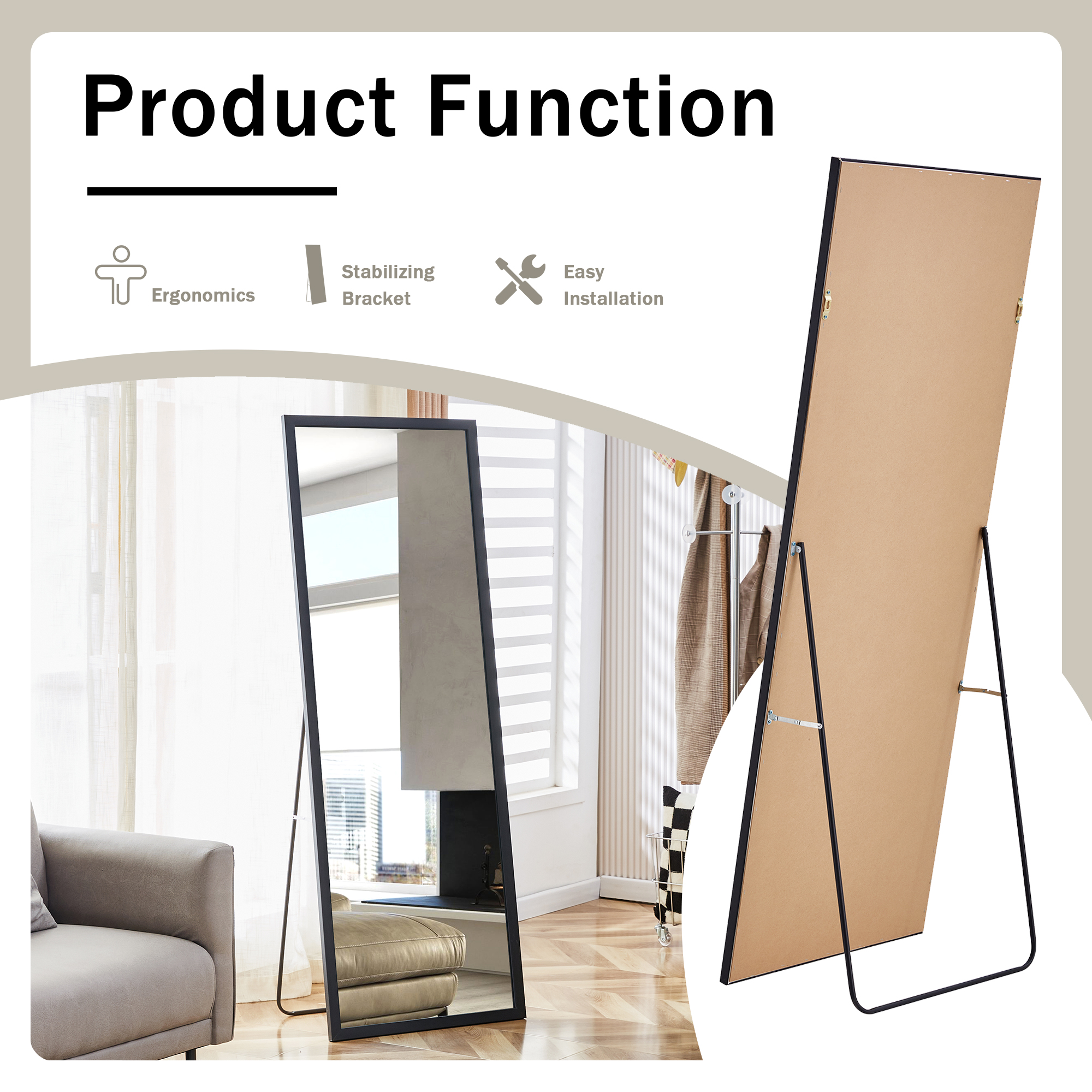 Full-Length Mirror, Dressing Mirror with Wood Grain Solid Wood Frame, Floor Standing Mirror for Living Room, Bedroom, 65"×22.8", Black
