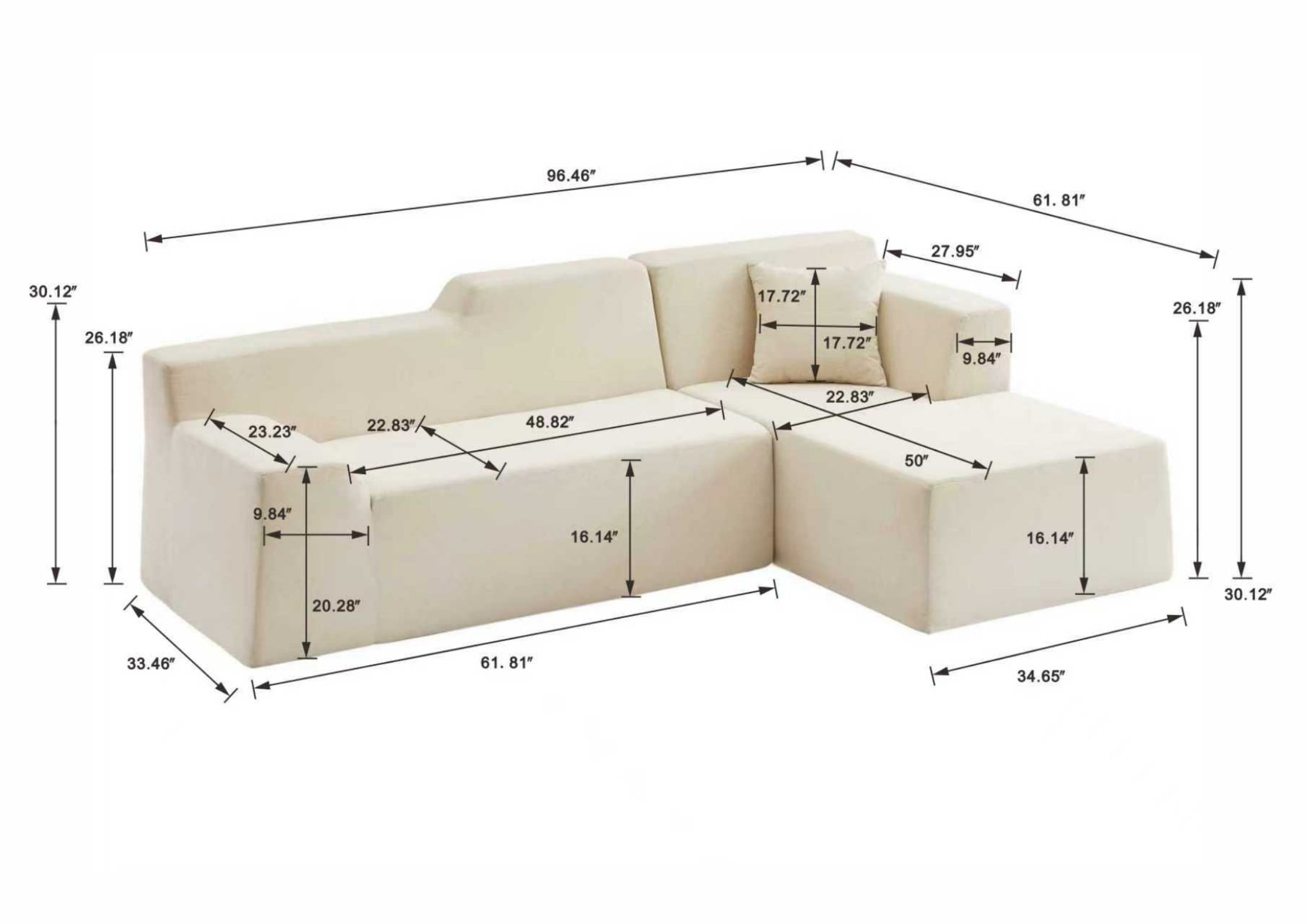 Aukfa 96" Modular Sectional Sofa, L-Shaped Cloud Couch with Right Facing Chaise, Corduroy 3-Seat Memory Foam Sofa for Living Room, Gray