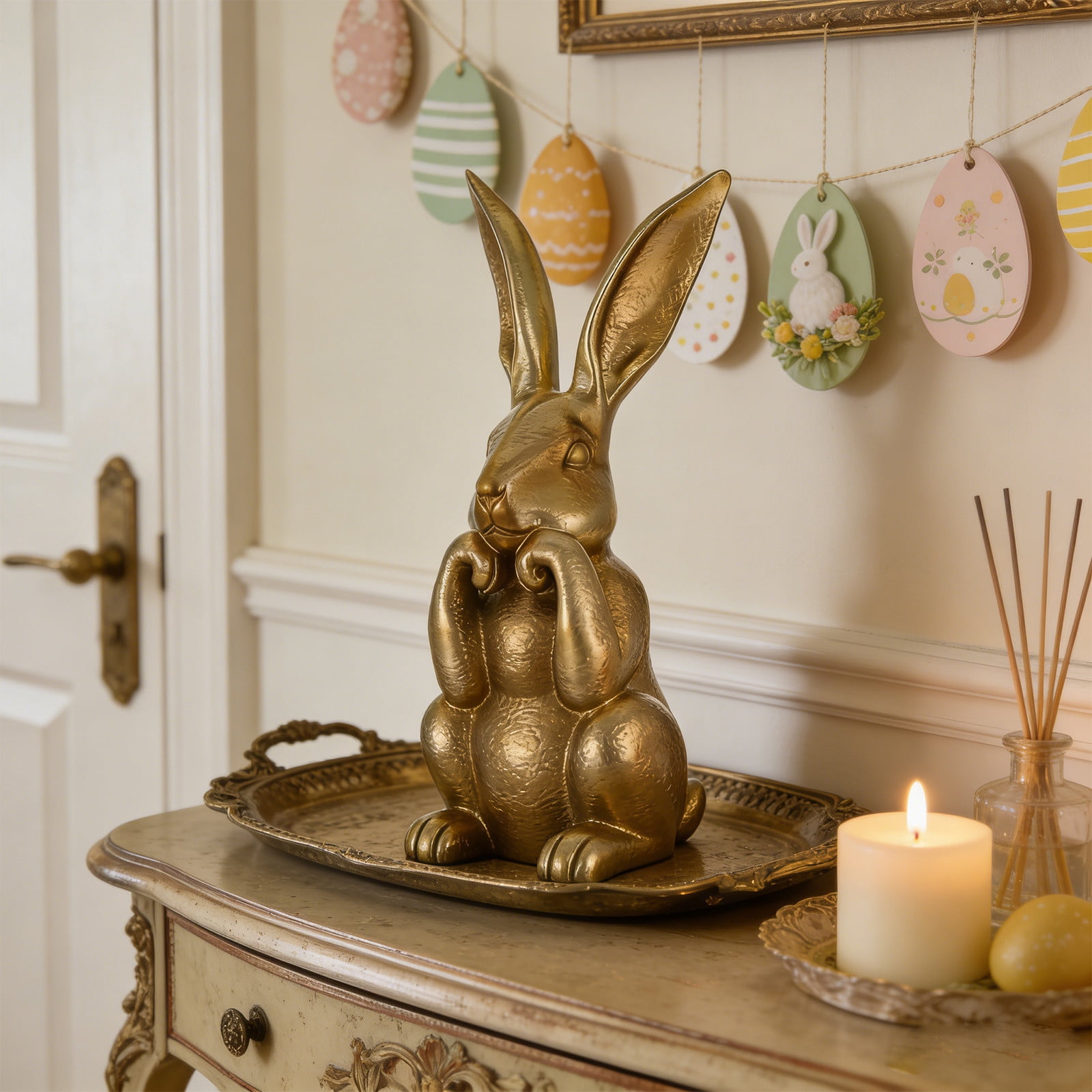 UNLLLL Easter Bunny Figurines Decor, Gold Bunny Statue, 3D Printing Easter Bunny Figurine, Golden Plastic Bunny Decor Rabbit Figurines, for Garden, Table Centerpiece, Easter Decor