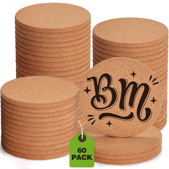 60 Pcs sous-Verres en Liège pour Boissons, GOH DODD sous-Verres Absorbants Vierges pour Bricolage Gravure Laser Sublimation Plantes à Bois Peinture Ménage