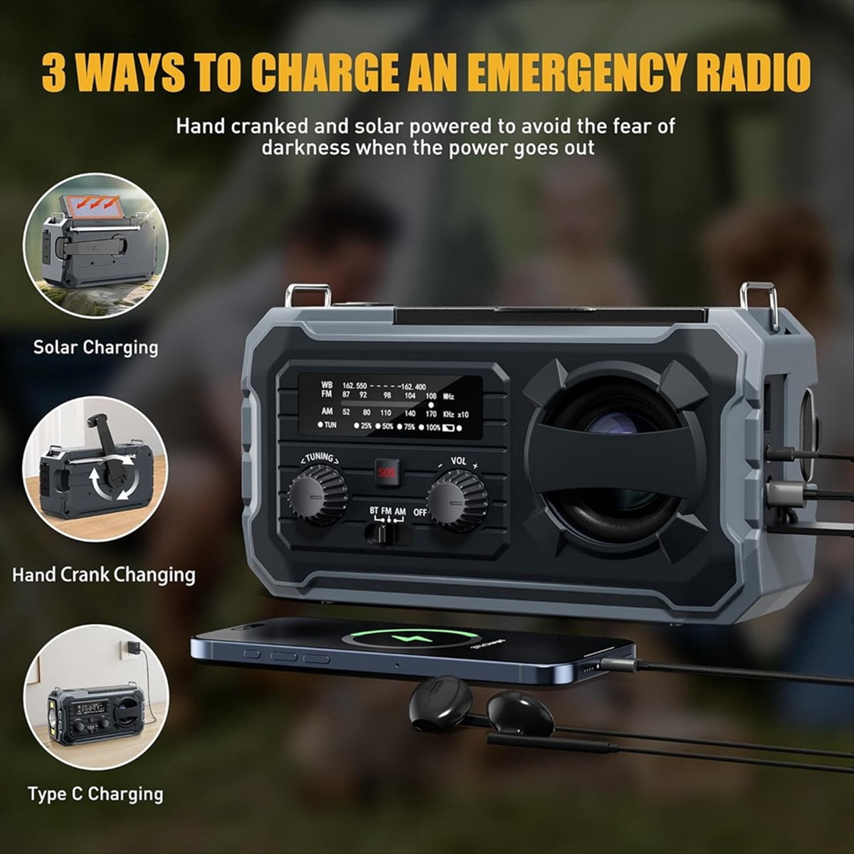 Emergency Weather Radio, 8000mAh Solar & Hand Crank Radio with AM/FM/NOAA, SOS Alarm, Phone Charger, for Outdoor & Home,1 * Radio,Grey