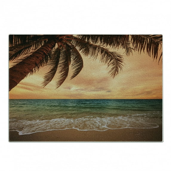 Tropical Cutting Board, Seascape Scenery with Ocean Beach Palm Tree and Sunset Sky in Soft Tones, Decorative Tempered Glass Cutting and Serving Board, in 3 Sizes, by Ambesonne