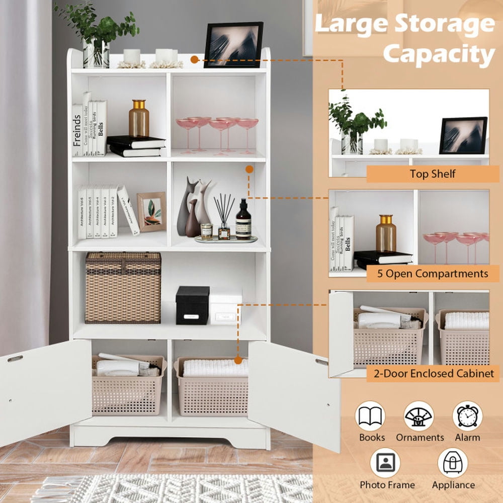 Demi Bonn 4 Tiers Wood Storage Bookcase with 4 Cubes Display Shelf and 2 Doors, White