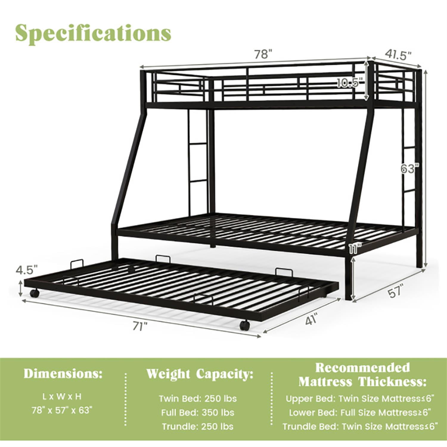 Demi Bonn Twin Pull-Out Bunk Beds with Ladder in the Steps and a Trundle for Guest Room, Full Convertible Bunk Bed Platform, Black