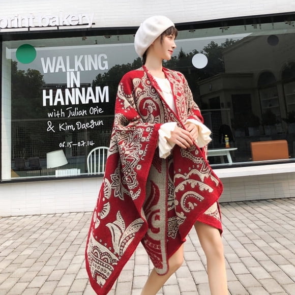 Namzi Châles Ouverts Poncho Cape Pulls Surdimensionnés Cardigan Décontracté pour Automne Hiver, Fleur de Cajou Rouge B