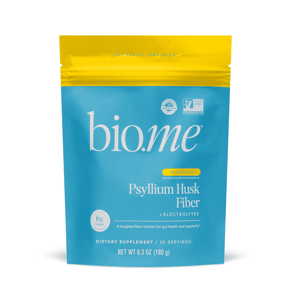 Bio.me Psyllium Husk Powder Fiber Supplement with Electrolytes for Regularity & Bloating Support, Lemonade – 20 Servings
