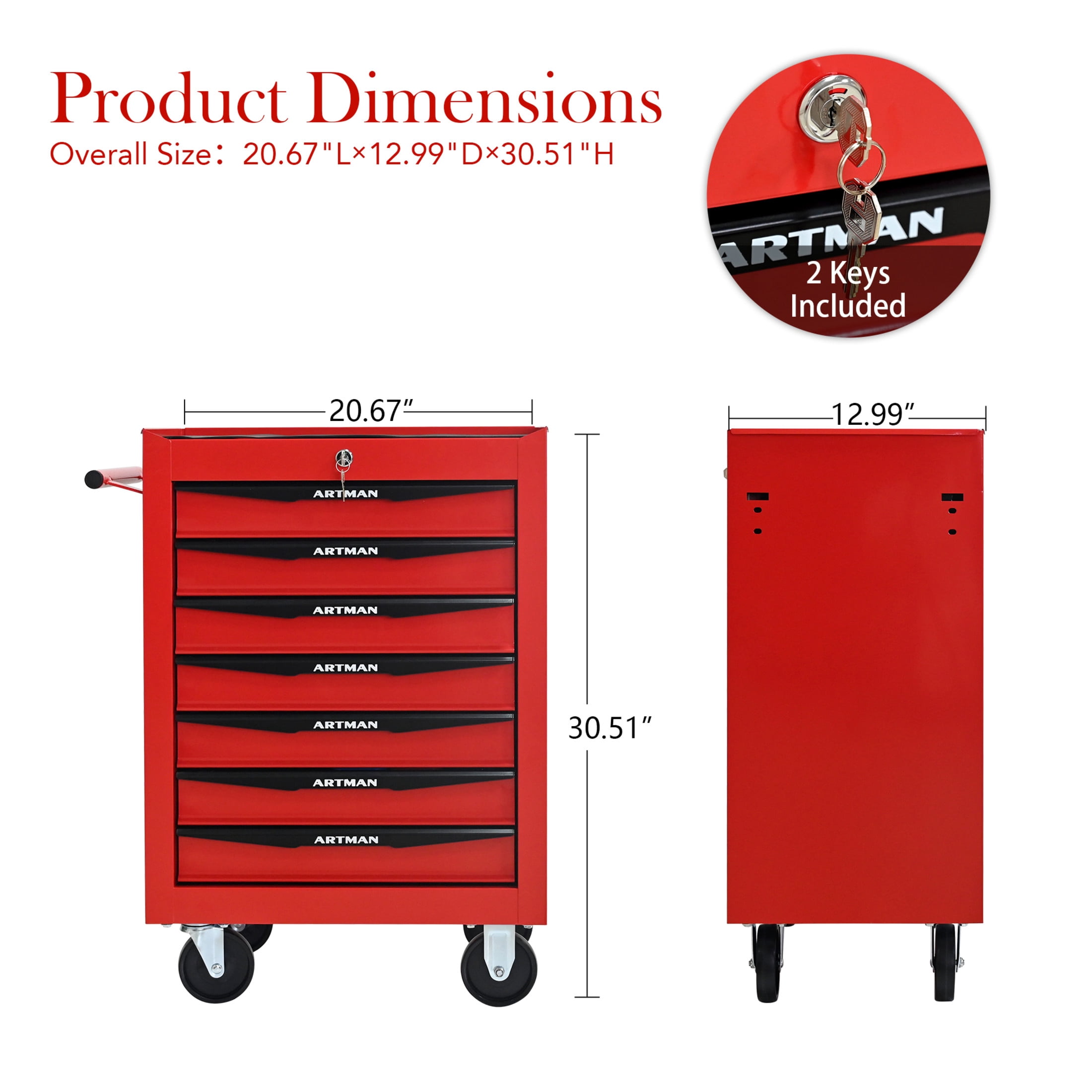 Noble House 7-Drawer Mobile Steel Tool Organizer with Key Lock, Ball Bearing Slide Storage Cabinet Box, Red