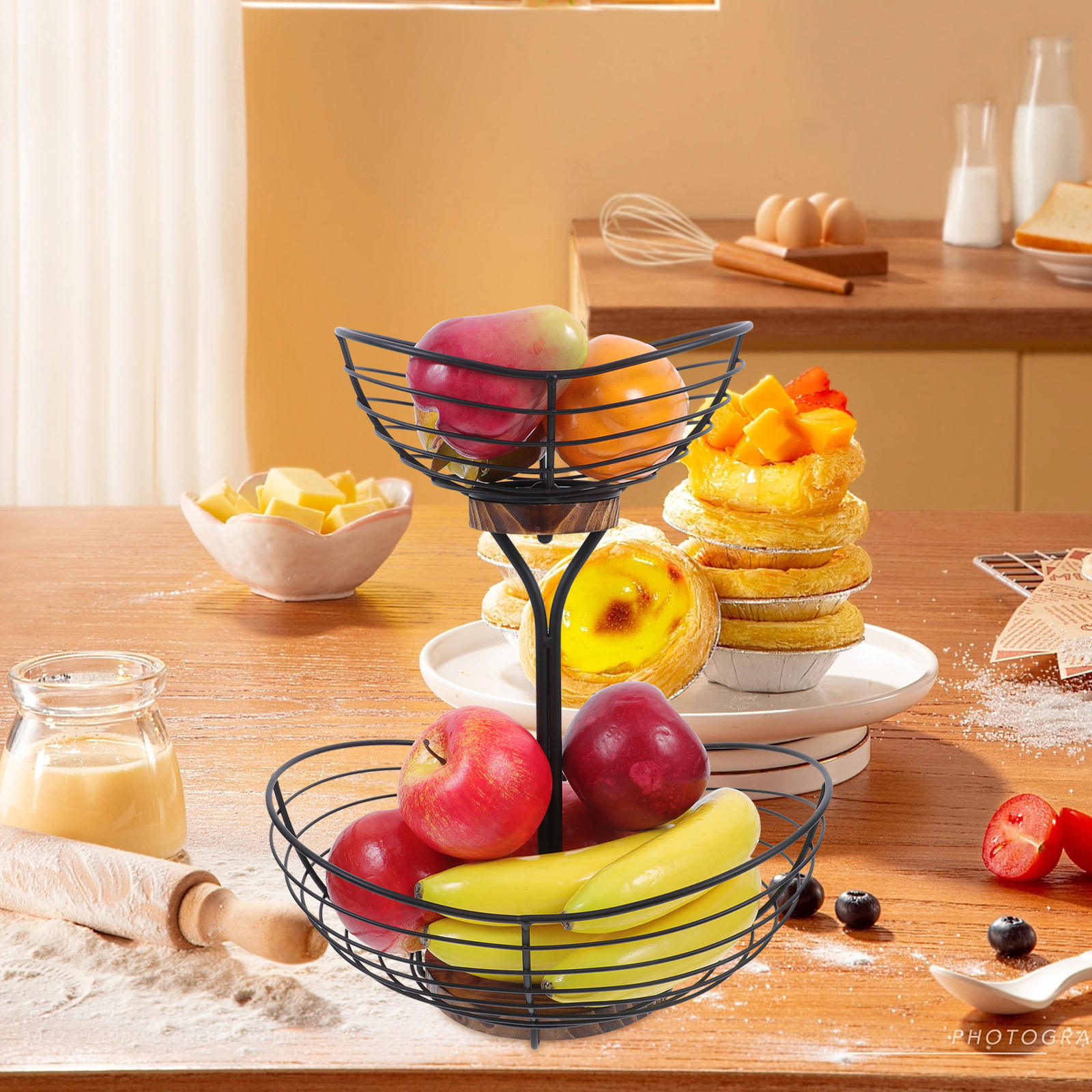 ELAYARD Black Metal Multi-Tier Fruit Storage Basket Wire Bowl for Kitchen Countertop and Dining Table