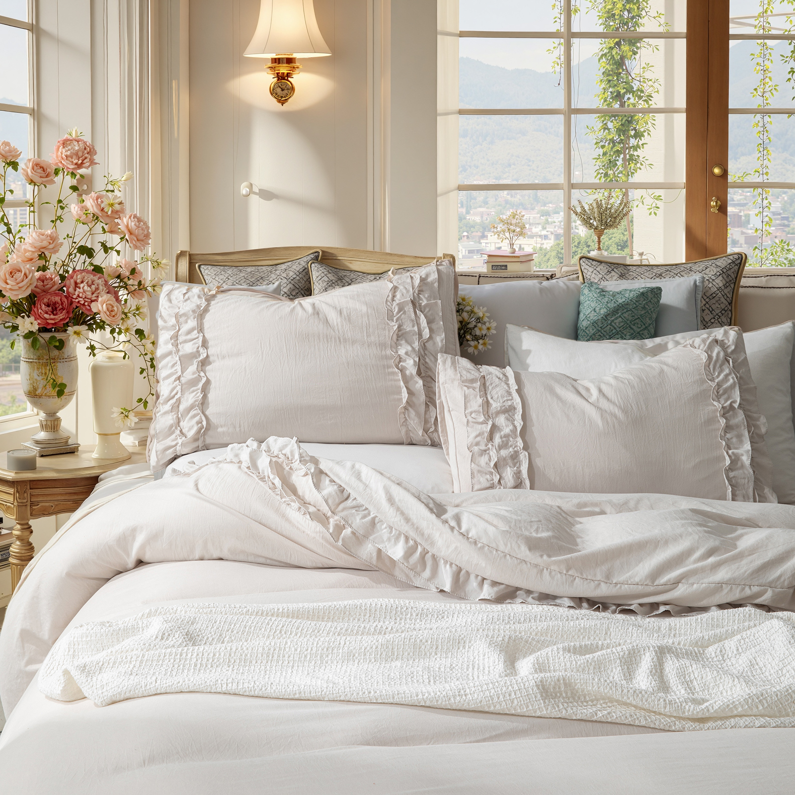 Boho Ruffled Comforter Set Super Soft Cozy Bedding Set with Pillowcases Elegant Chic Bedroom Decor Rustic Farmhouse Quilt Comforter 3 Pcs Set