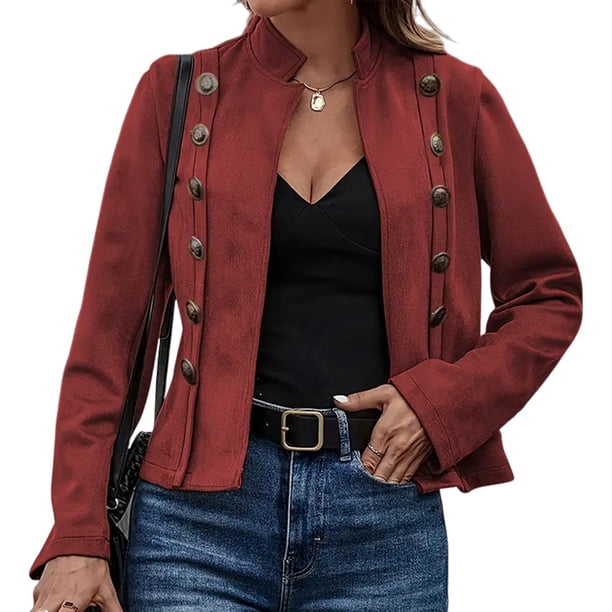 Chaqueta de Gamuza Sintética para Mujer, Informal, de Otoño, de Larga, Cuello Alto, con Abertura Frontal, Blazer Corto, Abrigo. Rojo M
