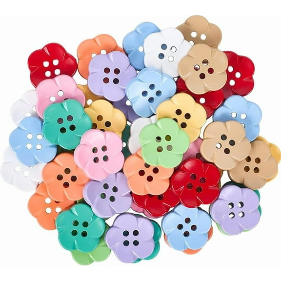 50Pcs 10 Colors 4 Holes 17MM Assorted Colorful Flower Shaped Buttons Cute Small Spring Resin Sewing Decorative Button Bulk for Sewing Making Crafts Clothes Knitting Dresses DIY Accessories
