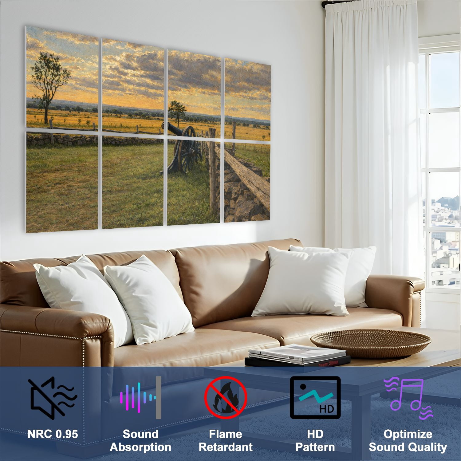 Rustic Farmhouse 8 Pack Art Acoustic Panels Sound Absorbing sunset gettysburg national military park cannon Decorative Soundproof Wall Panels Self Adhesive for Nursery Game Room Bedroom 48"x32"
