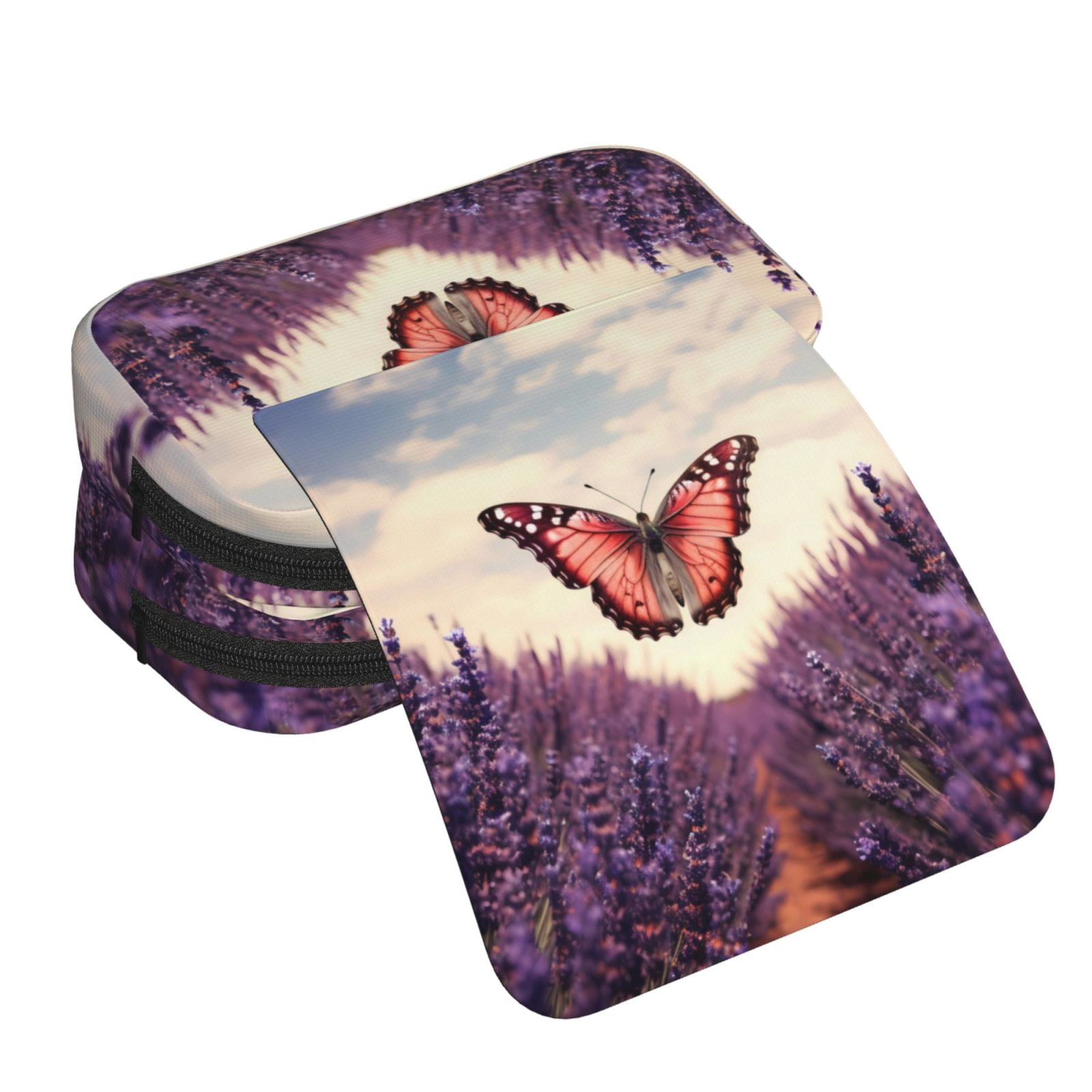 Rateoe Butterfly Over Lavender Pattern Double Clamshell Pen Case, Storage Organizer with Two Zipper Compartments– Holds Up to 50 Pencils & Pens