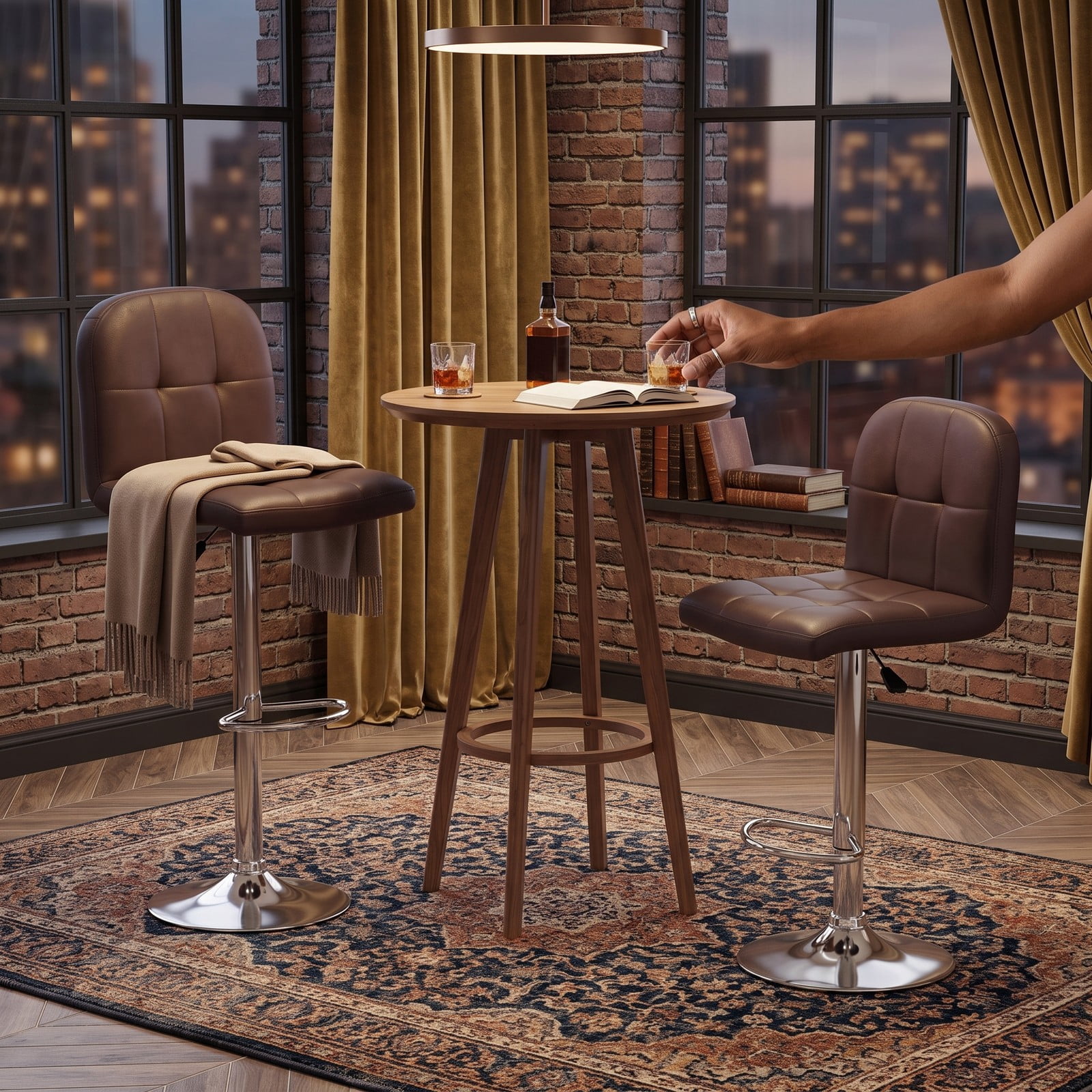 Furnibear Swivel Bar Stools Set of 2, 24-32 Inch Adjustable Height Counter Height Barstools with Footrest, 360 Degree Swivel Faux Leather Padded Kitchen Island, Brown